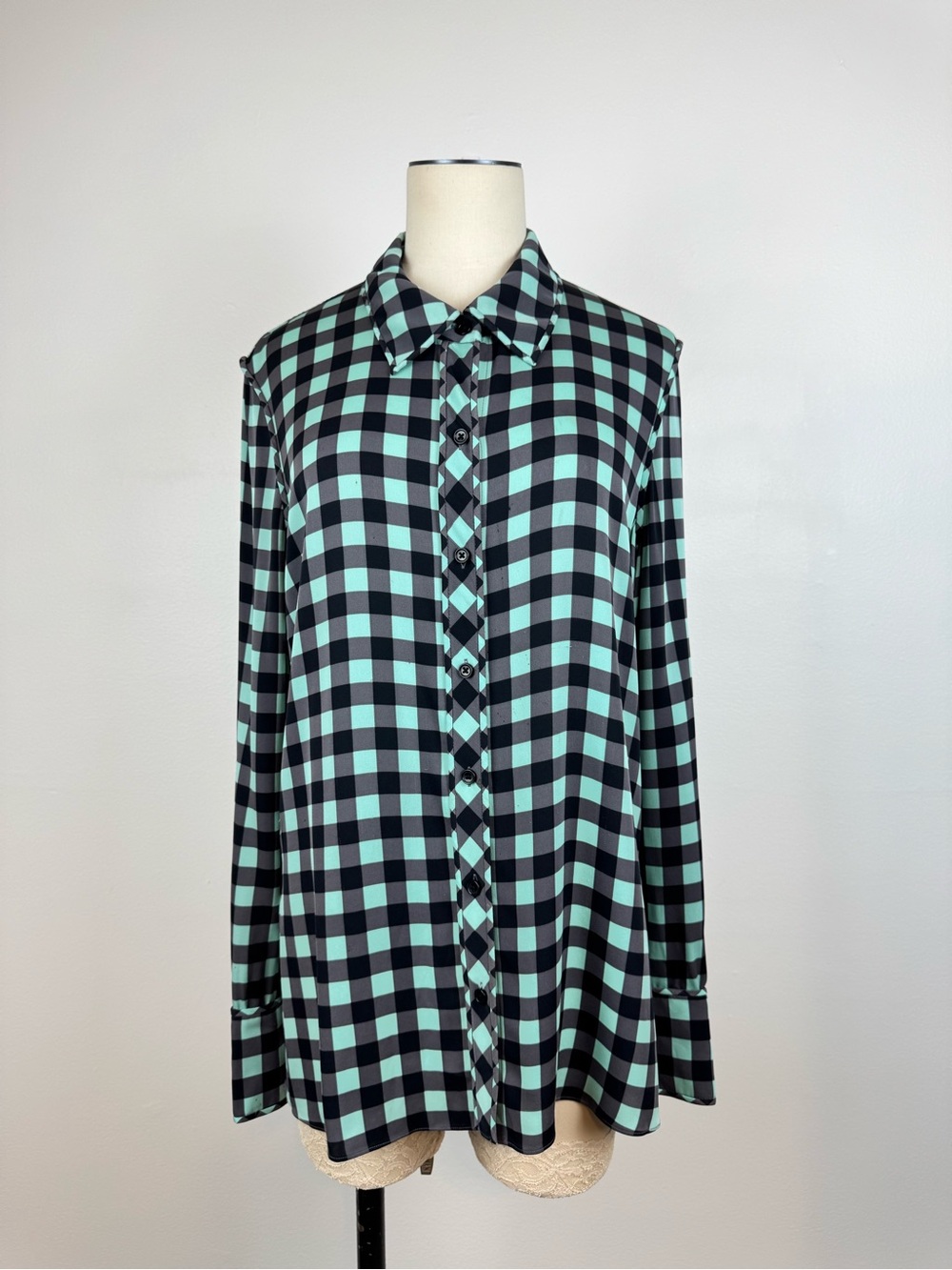 Diane Von Furstenberg Women Silk Georgette Blue Black Long-sleeve Shirt size 8